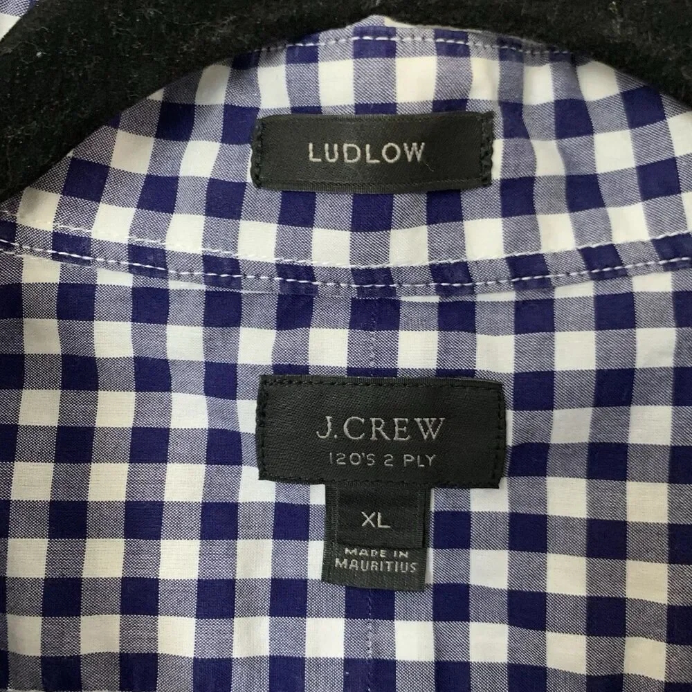 J Crew Ludlow Shirt 120s 2 Ply Cotton Men XL Blue‎ White Gingham Plaid Button Up